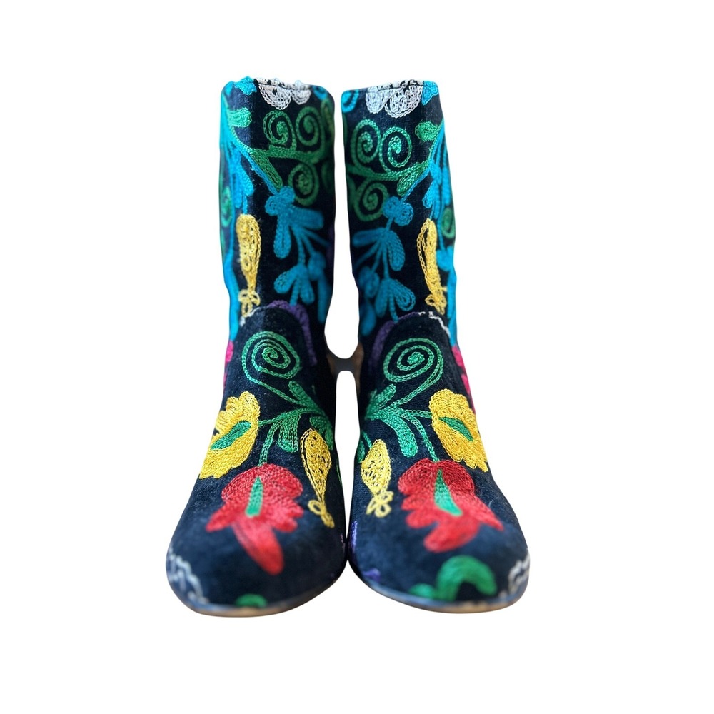 Suzani Embroidered Floral Velvet Block Heel Ankle Boots Women Size 39/US 9 - Picture 5 of 14